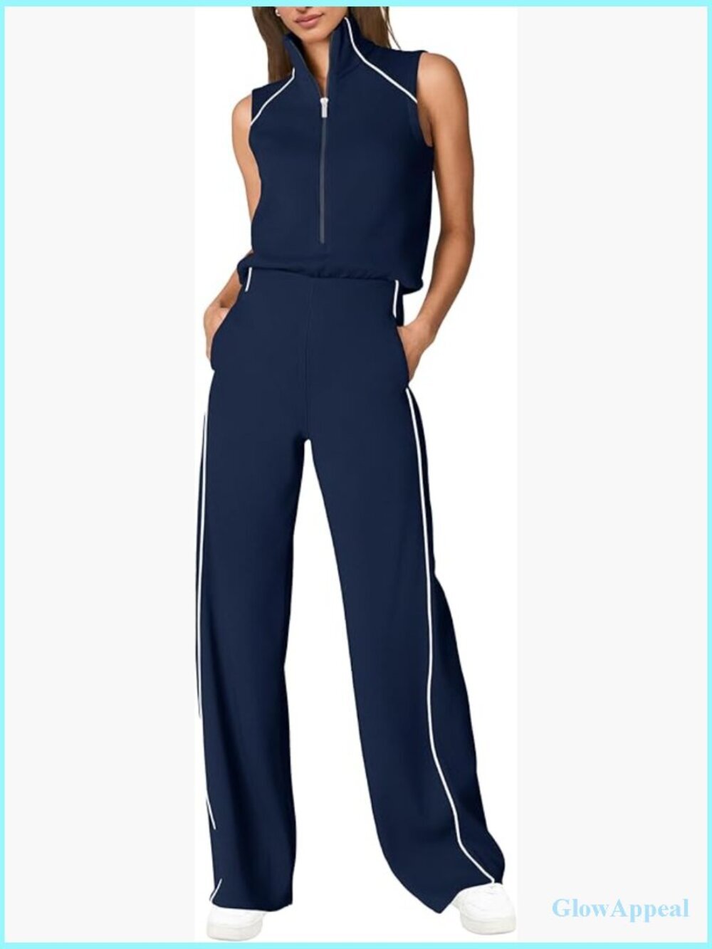 Mock Neck Wide Leg Jumpsuit Romper with Pockets Sleeveless Summer